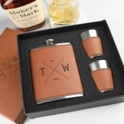 Engraved Birthday Tan Leatherette 8oz Hip Flask Set