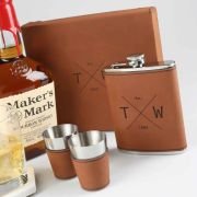 Engraved Birthday Tan Leatherette 8oz Hip Flask Set