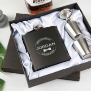 Engraved Bridal Party 6oz Black Hip Flask with Funnel and Shot Glasses
