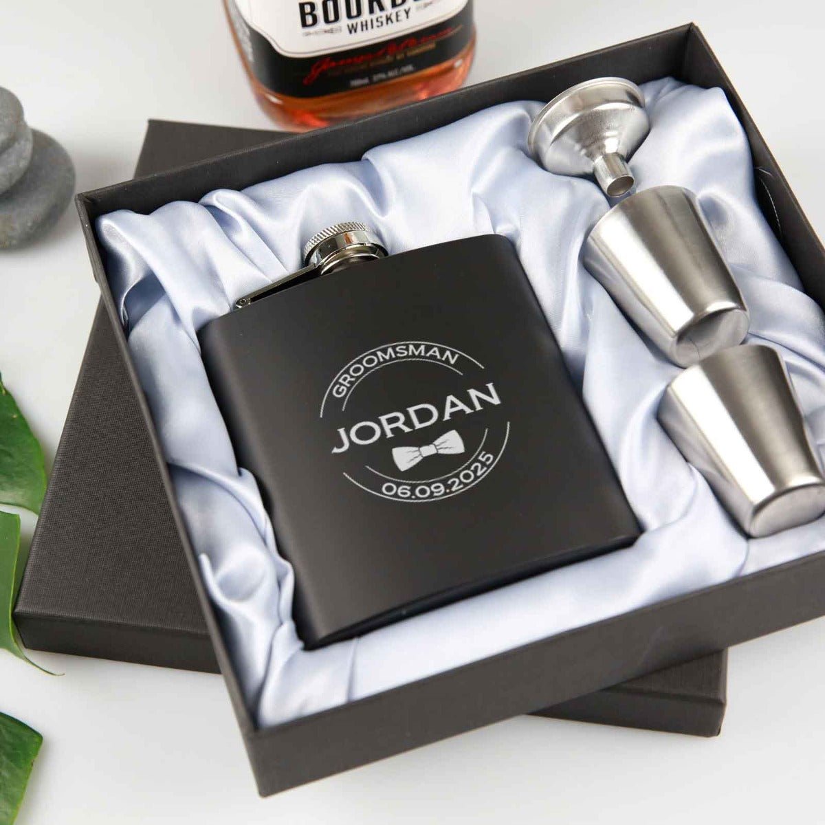 Engraved Bridal Party 6oz Black Hip Flask with Funnel and Shot Glasses