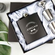 Engraved Bridal Party 6oz Black Hip Flask with Funnel and Shot Glasses