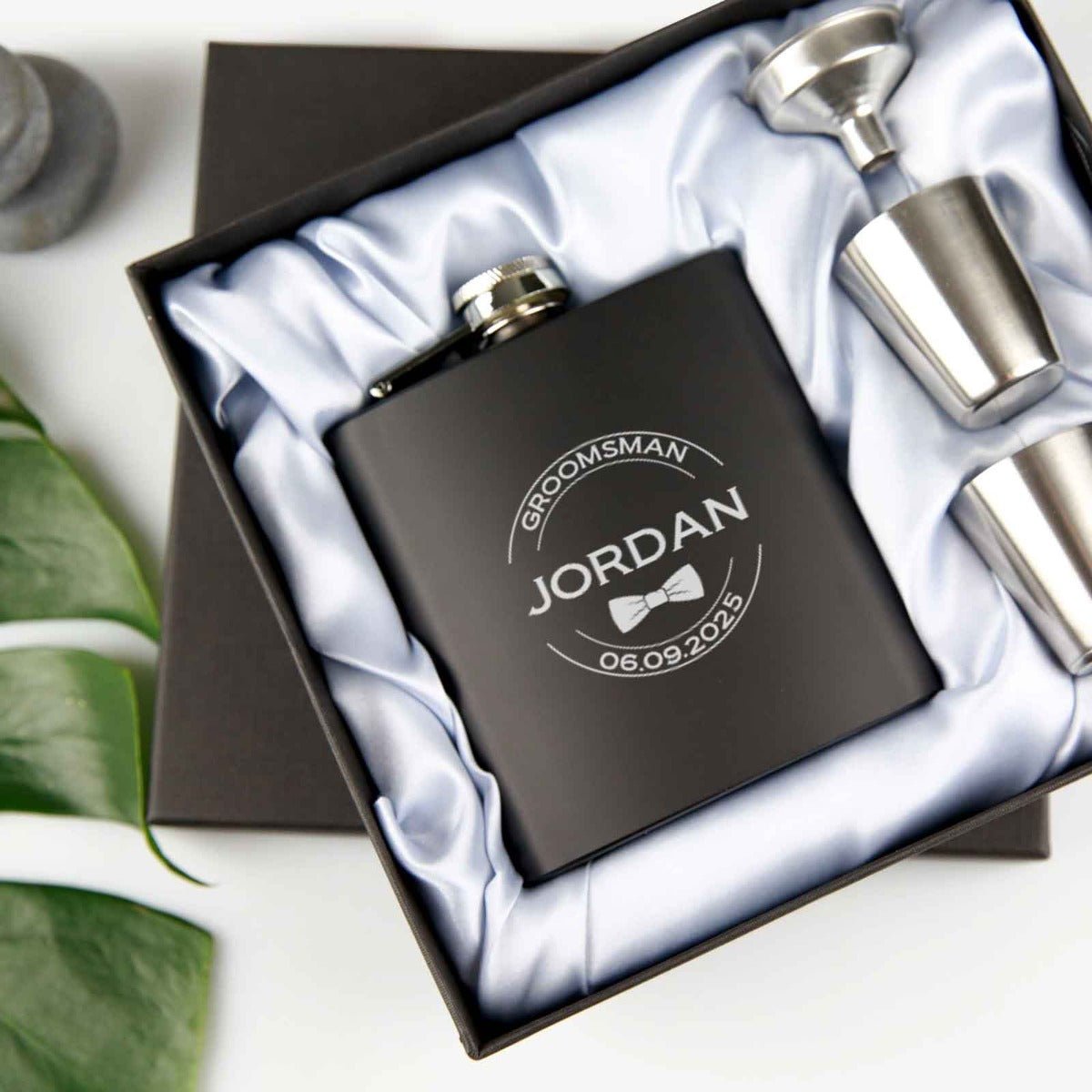 Engraved Bridal Party 6oz Black Hip Flask with Funnel and Shot Glasses