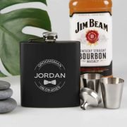 Engraved Bridal Party 6oz Black Hip Flask with Funnel and Shot Glasses