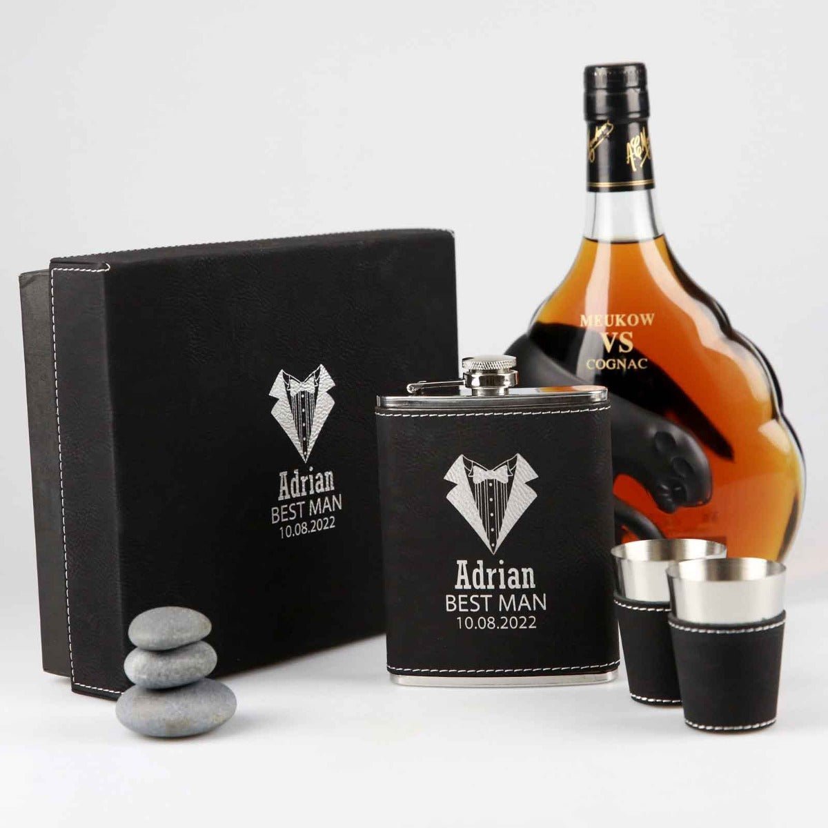 Engraved Bridal Party Black Leatherette 8oz Hip Flask Set