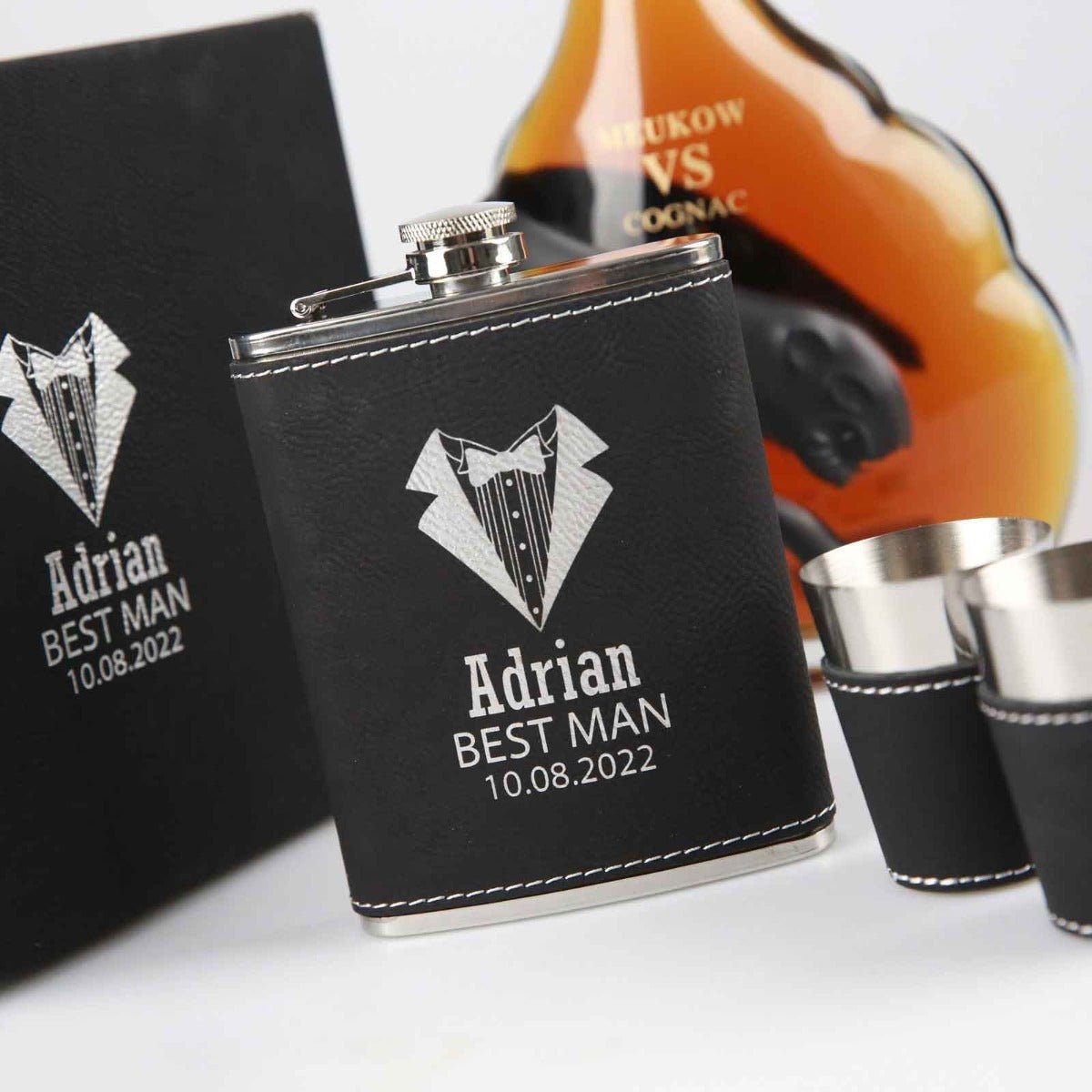 Engraved Bridal Party Black Leatherette 8oz Hip Flask Set