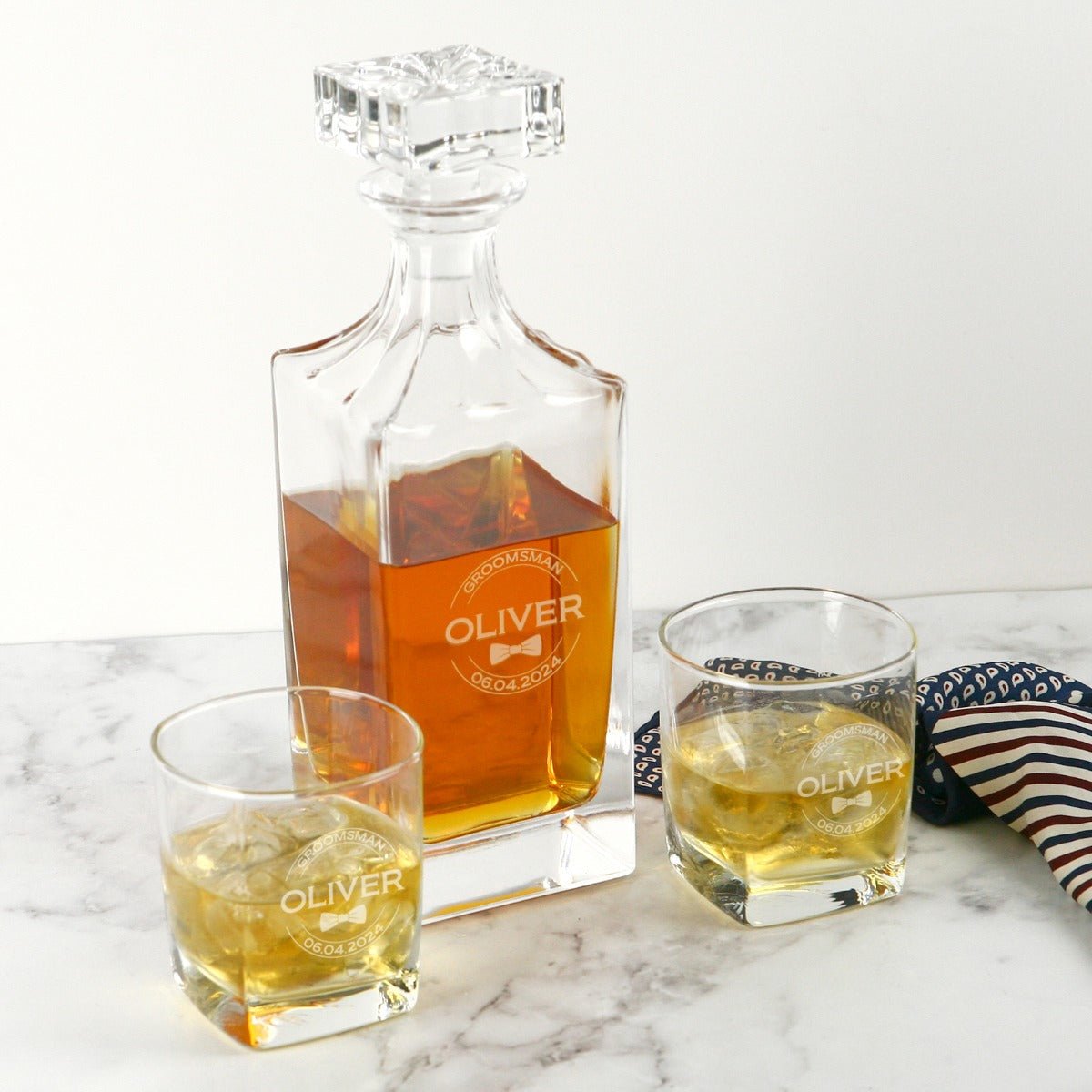 Bridal Party Decanter Gift Set – Deluxe Whiskey Decanter PLUS 2 Scotch Glasses