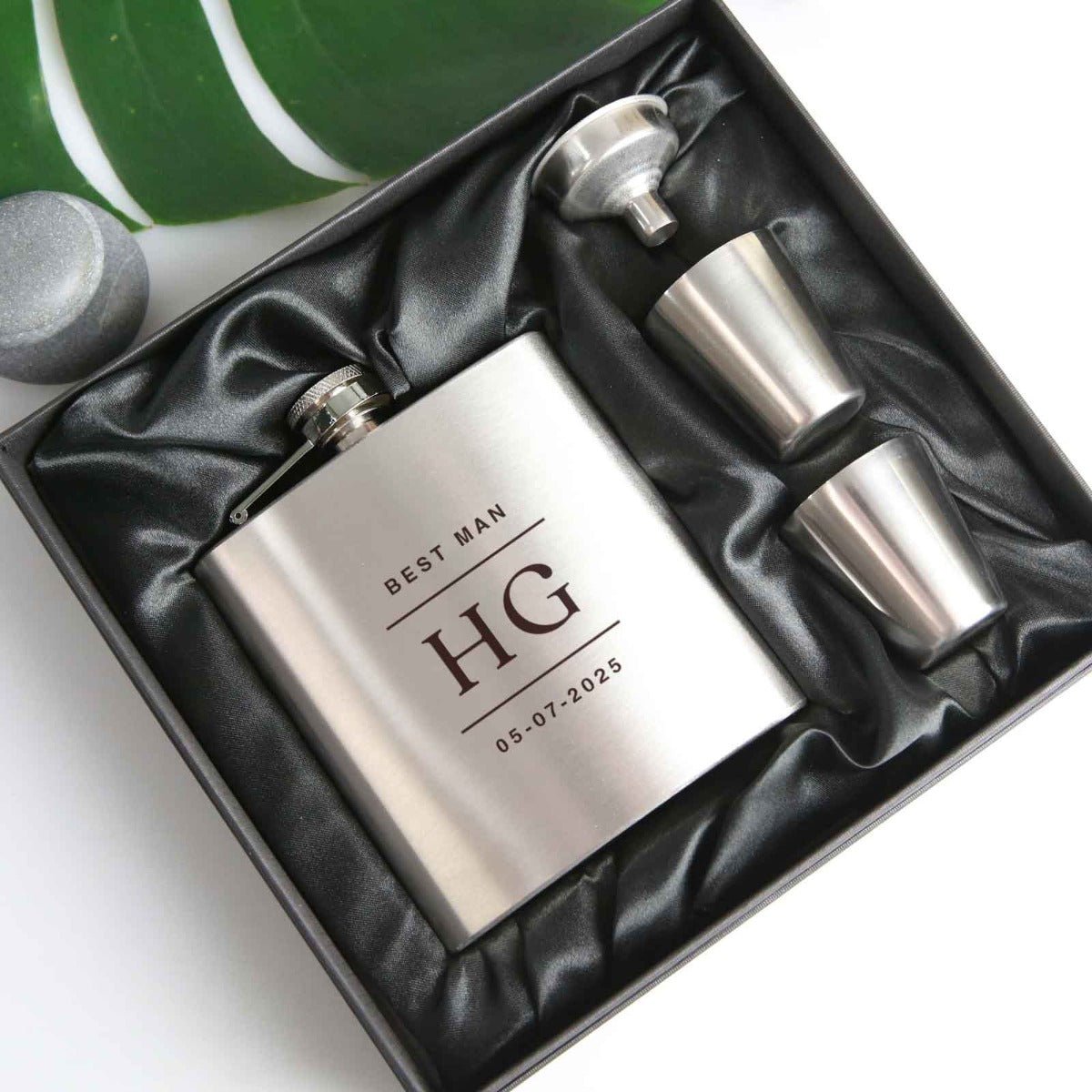 Engraved Bridal Party 6oz Silver Hip Flask with Funnel and Shot Glasses
