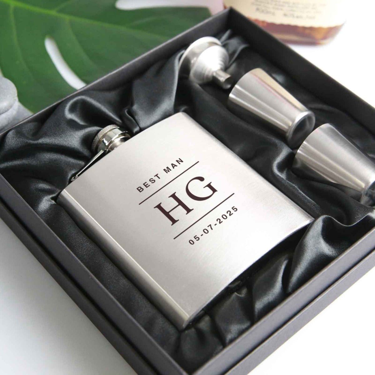 Engraved Bridal Party 6oz Silver Hip Flask with Funnel and Shot Glasses