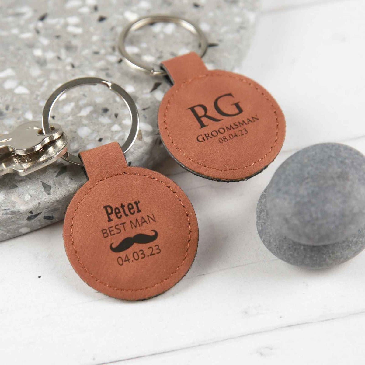 Engraved Bridal Party Tan Leatherette Keyring