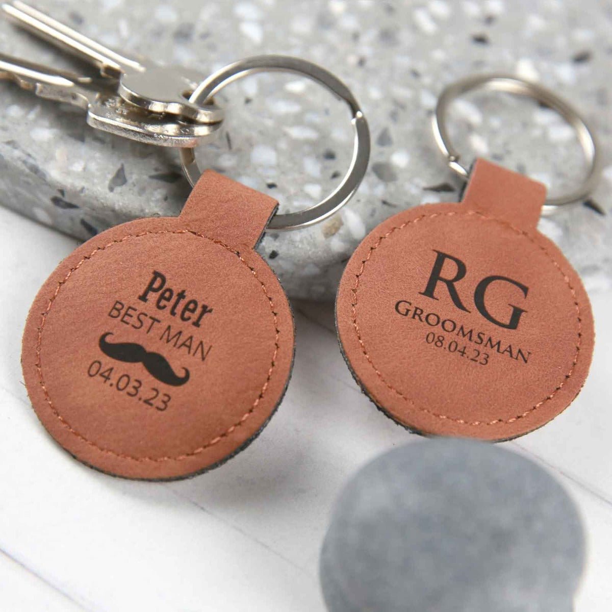 Engraved Bridal Party Tan Leatherette Keyring