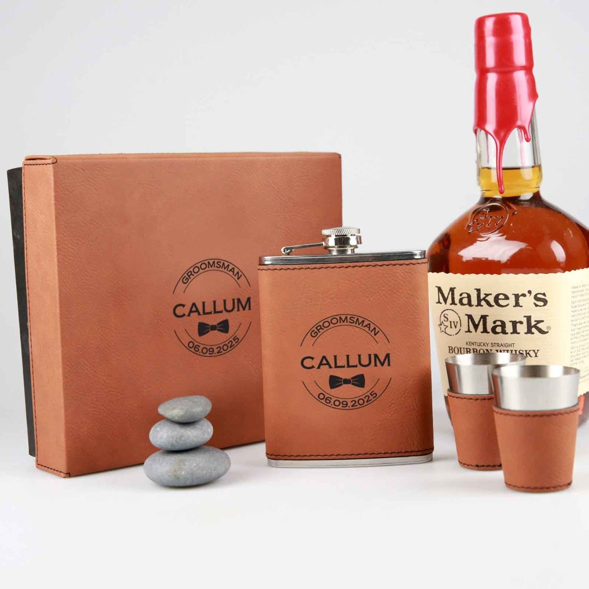 Engraved Bridal Party Tan Leatherette 8oz Hip Flask Set
