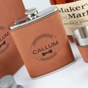 Engraved Bridal Party Tan Leatherette 8oz Hip Flask Set