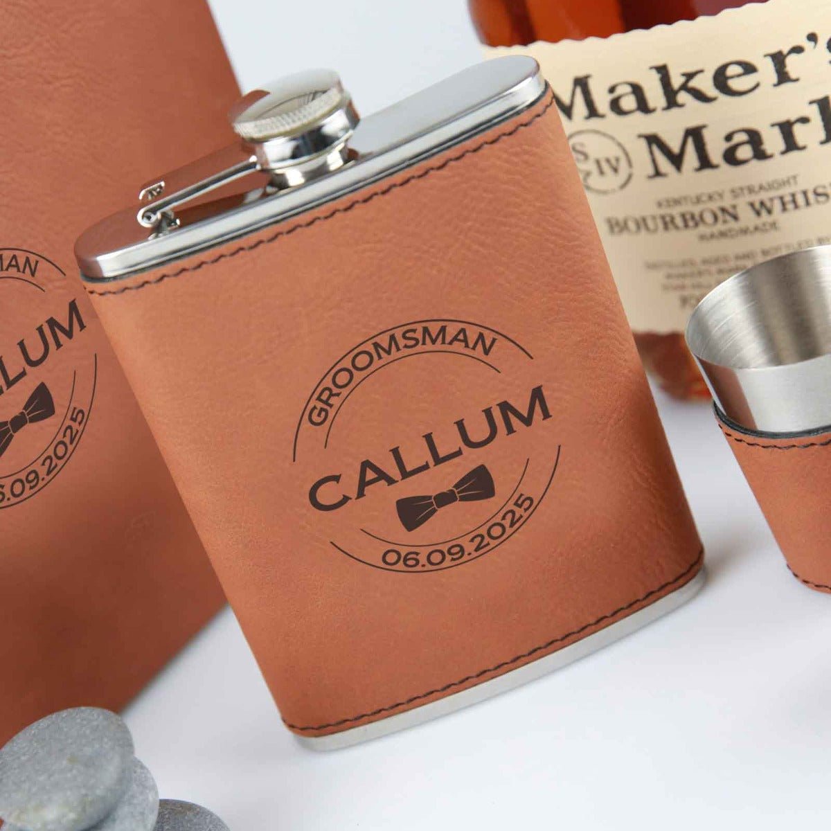 Engraved Bridal Party Tan Leatherette 8oz Hip Flask Set
