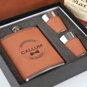 Engraved Bridal Party Tan Leatherette 8oz Hip Flask Set