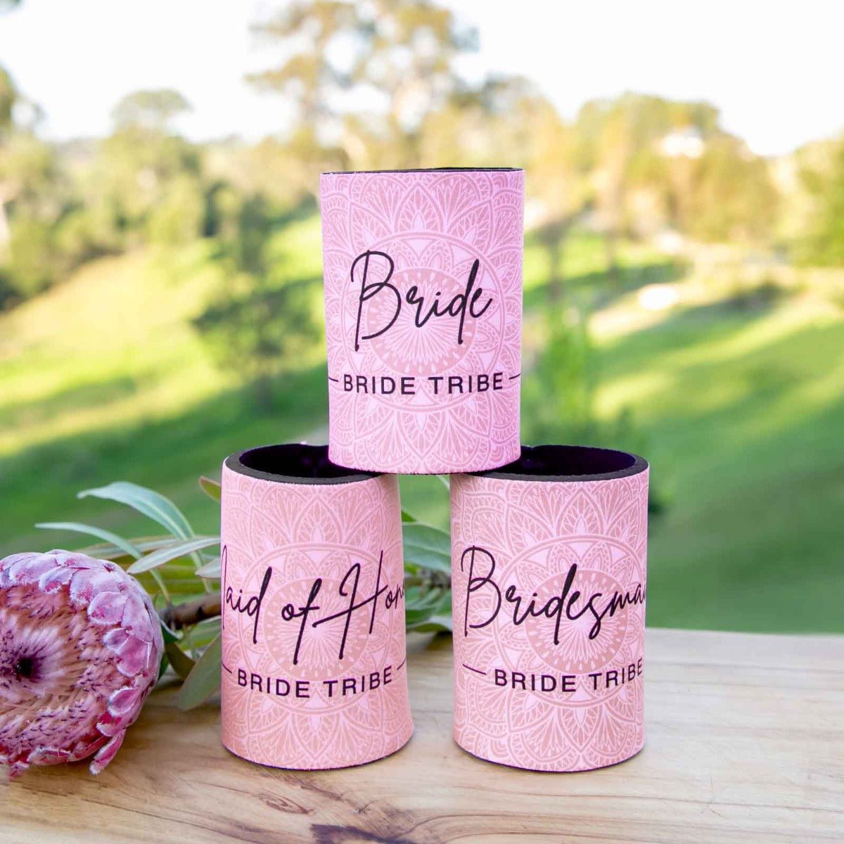 Bride. Maid of Honour & Bridesmaid Printed Pink Stubby Holders