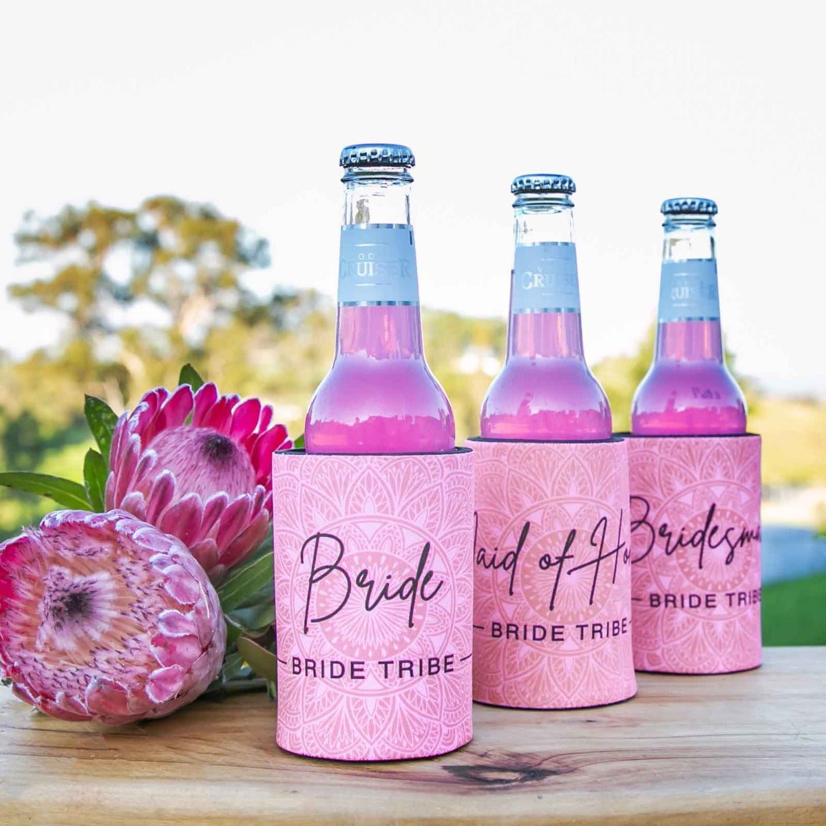 Bride. Maid of Honour & Bridesmaid Printed Pink Stubby Holders