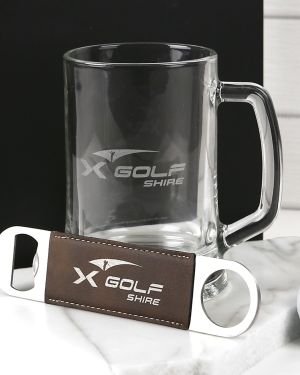 Gift Boxed Engraved Corporate 500ml Beer Mug and Leatherette Barmate