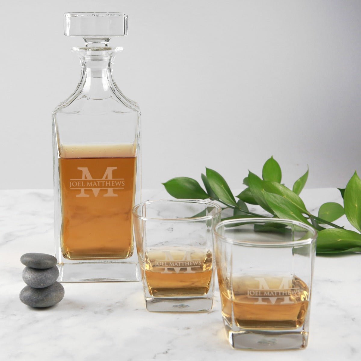 Engraved Deluxe Square Whiskey Decanter PLUS 2 Scotch Glasses Corporate Gift