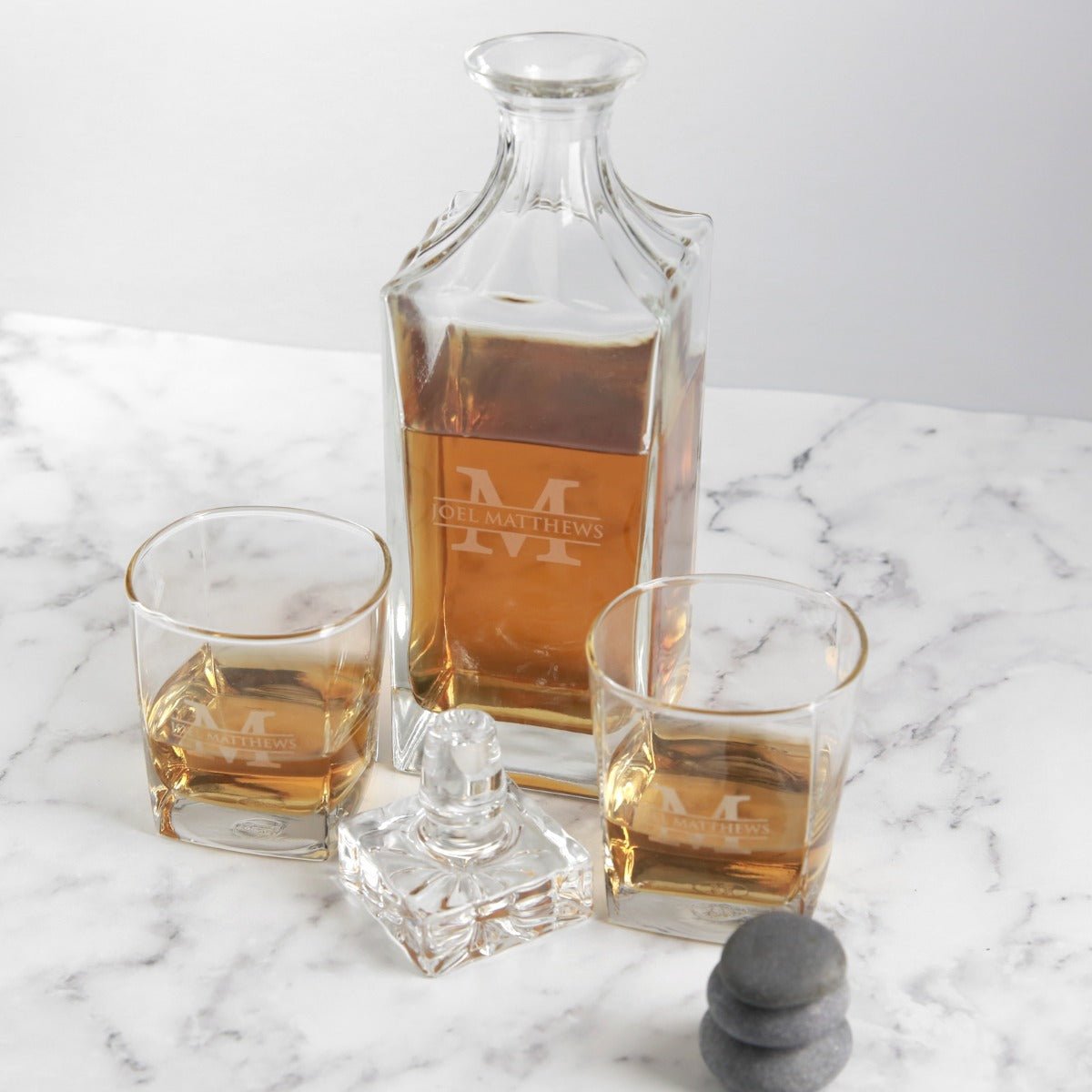Engraved Deluxe Square Whiskey Decanter PLUS 2 Scotch Glasses Corporate Gift