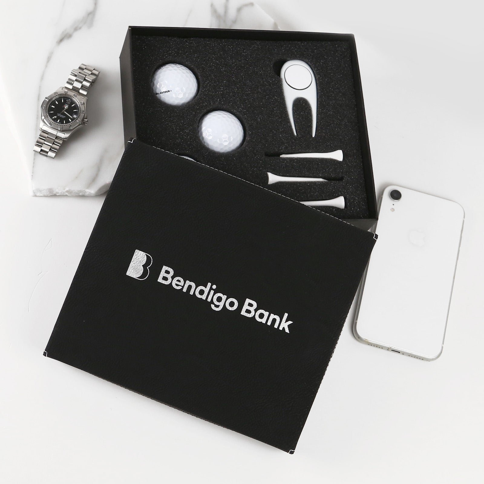 Engraved Corporate Black Leatherette Golf Gift Set