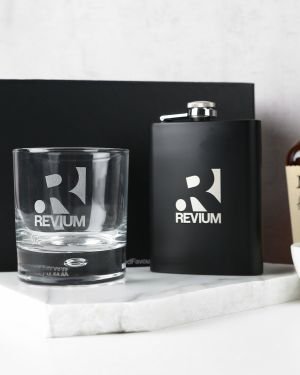 Gift Boxed Corporate Engraved Round Scotch Glass and Black 7oz Hip Flask