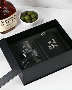 Gift Boxed Corporate Engraved Round Scotch Glass and Black 7oz Hip Flask