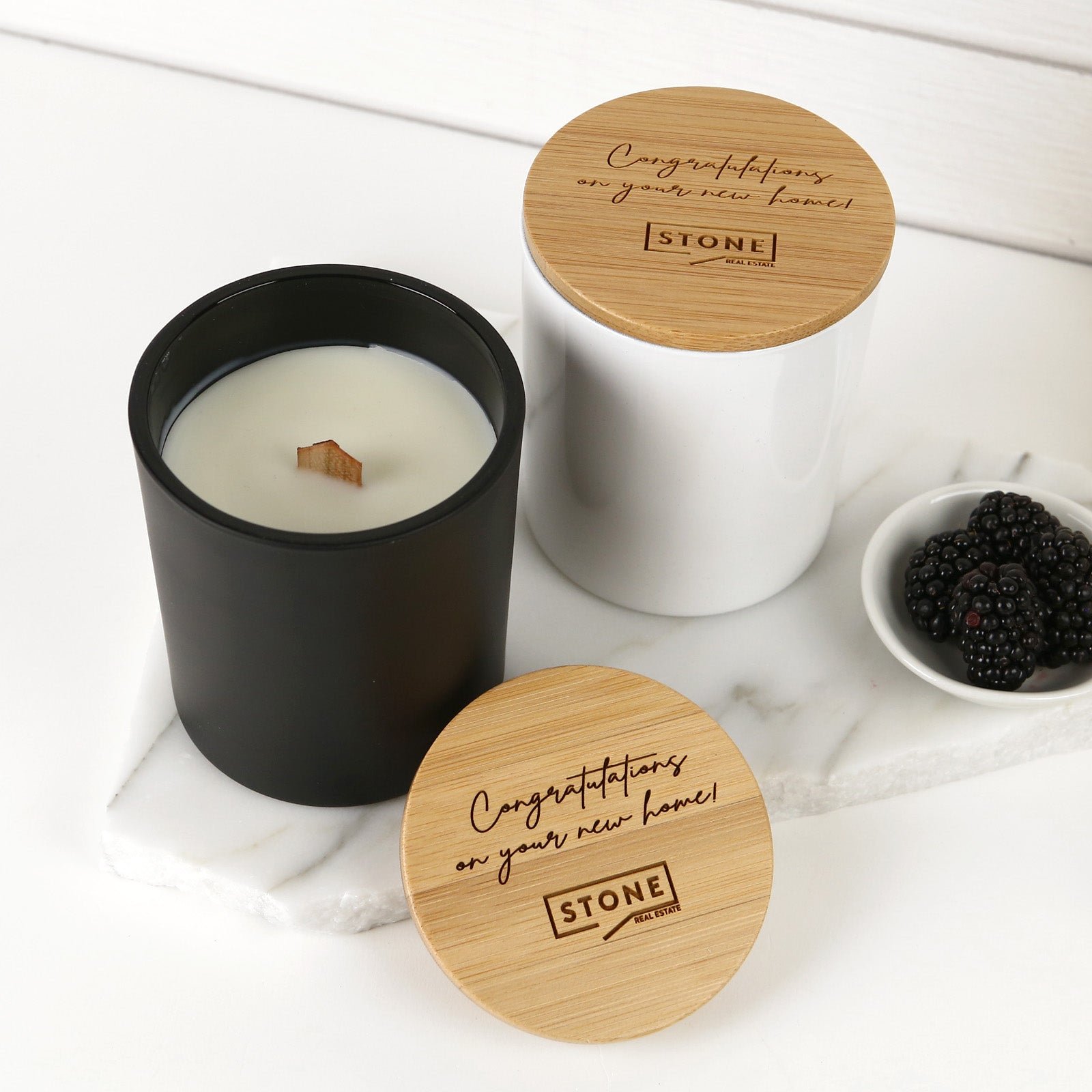 Engraved Corporate Wood Wick Soy Candle with Wooden Lid
