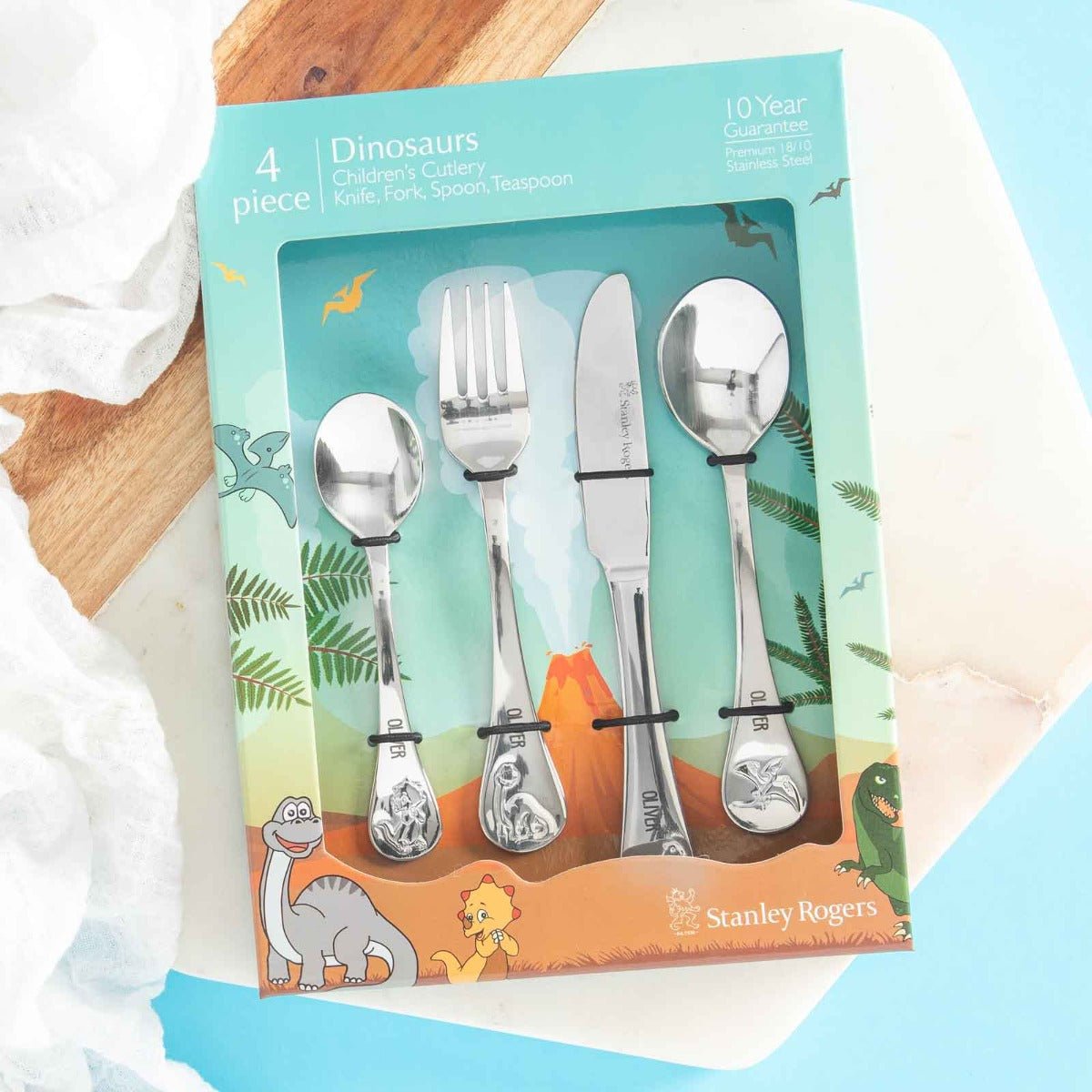 Engraved Stainless Steel Children’s Cutlery 4 Piece Set Dinosaurs