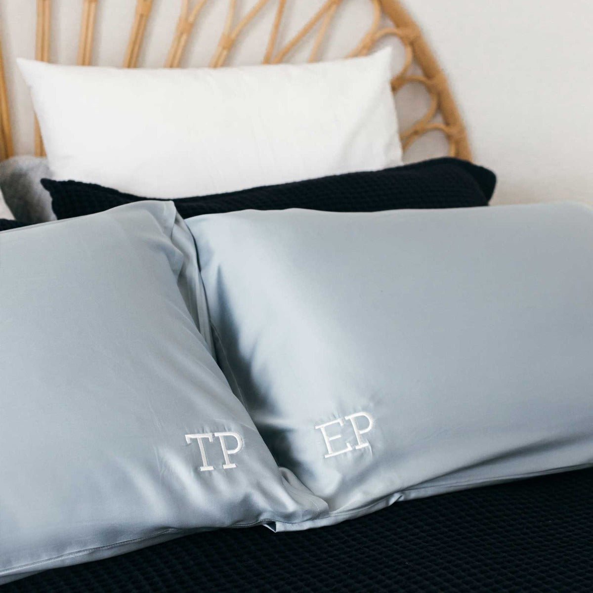 Embroidered Bamboo Satin Pillowcase Twin Set – Ice Blue