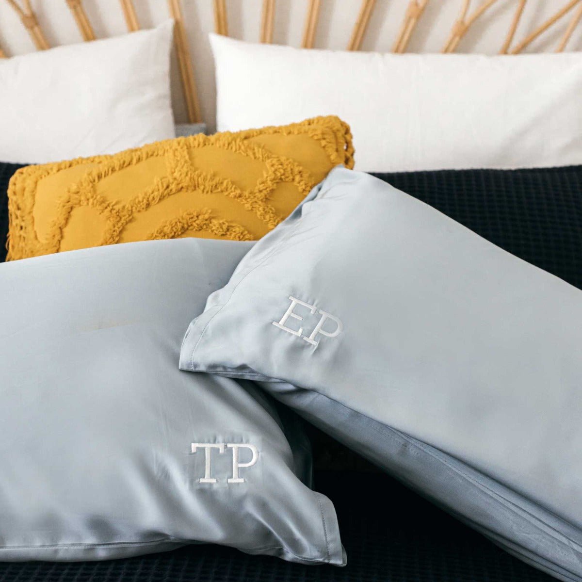 Embroidered Bamboo Satin Pillowcase Twin Set – Ice Blue