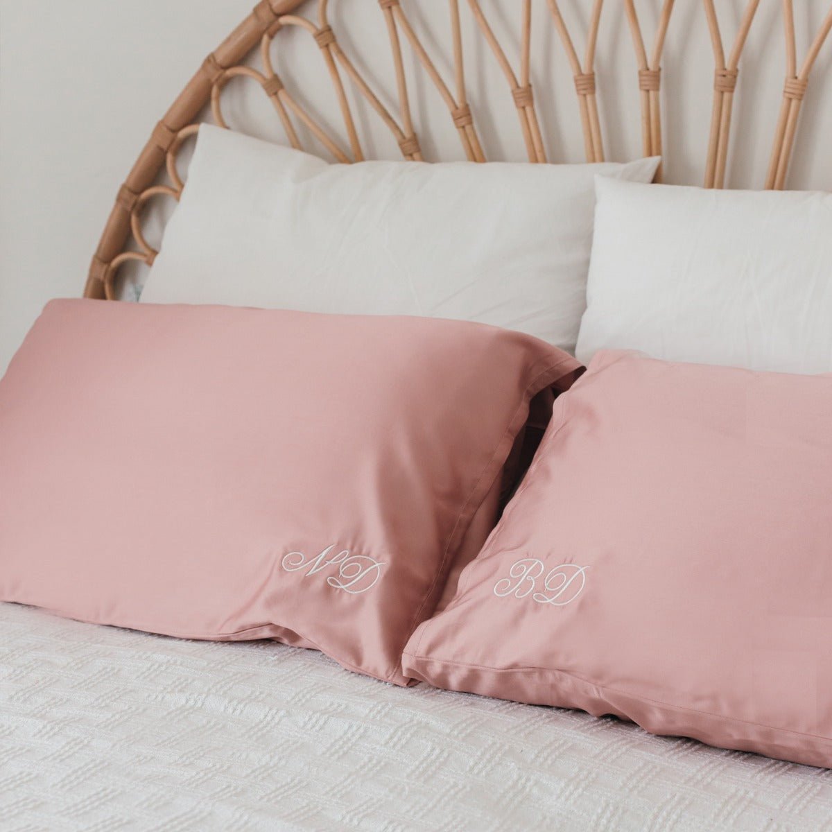 Embroidered Bamboo Satin Pillowcase Twin Set – Rose Pink