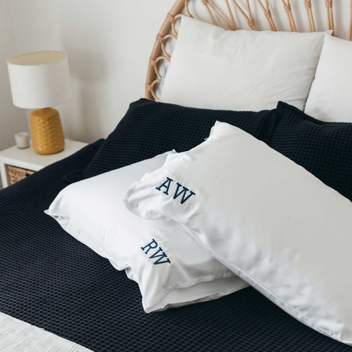 Embroidered Bamboo Satin Pillowcase Twin Set – White