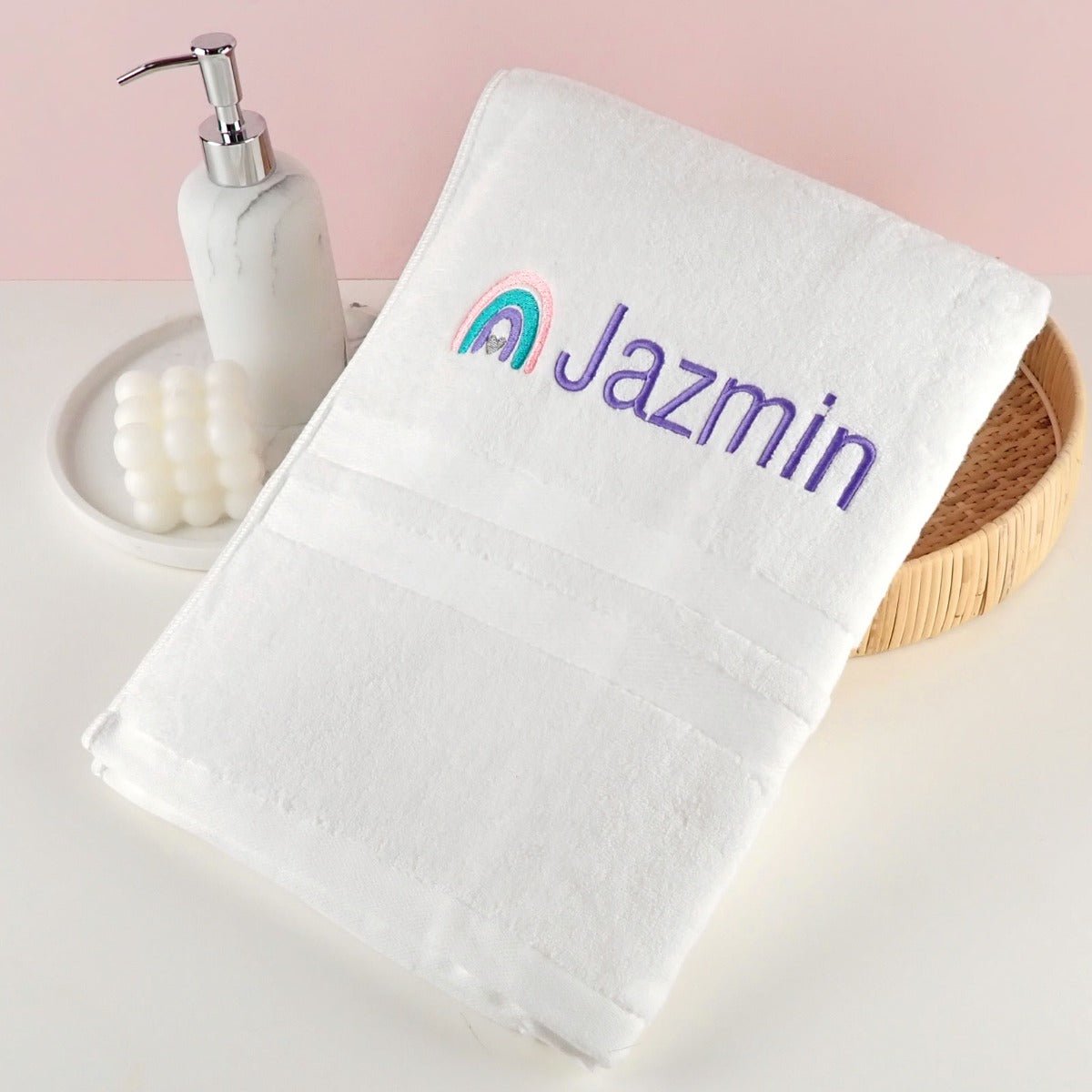 Embroidered White Bath Towel Kids Rainbow