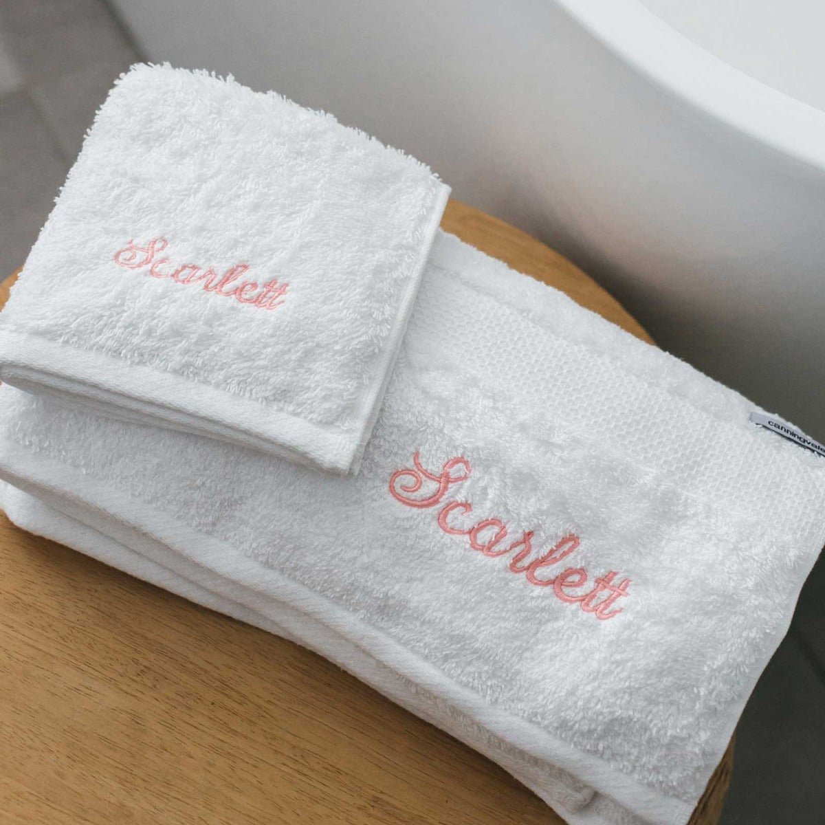 Embroidered White Bath Towel and Face Washer Set – Script Font