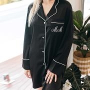 Embroidered Satin Long Sleeve Boyfriend Shirt – Black