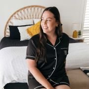 Embroidered Satin Short Sleeve Pyjama Set – Black