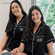 Embroidered Satin Short Sleeve Pyjama Set – Black