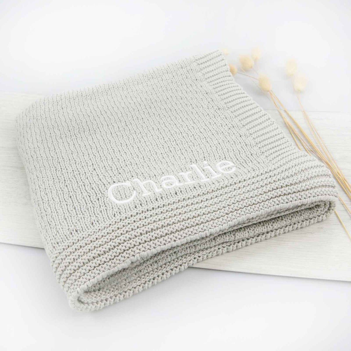 Embroidered 100% Cotton Knitted Grey Baby Blanket