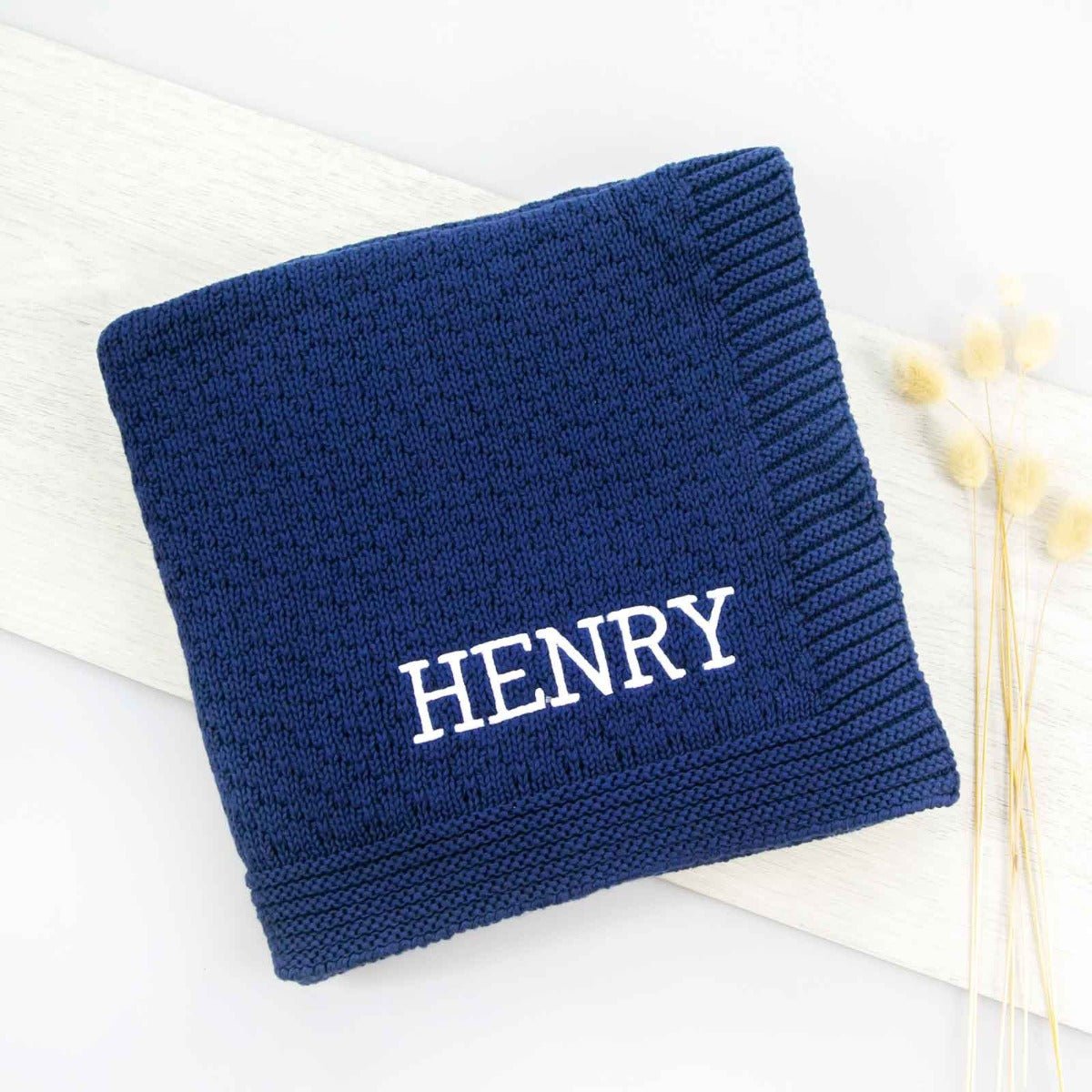 Embroidered 100% Cotton Knitted Navy Baby Blanket