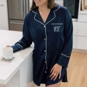 Embroidered Satin Long Sleeve Boyfriend Shirt – Navy