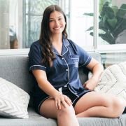 Embroidered Satin Short Sleeve Pyjama Set – Navy