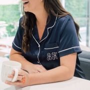 Embroidered Satin Short Sleeve Pyjama Set – Navy