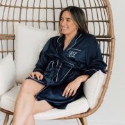 Embroidered Satin Long Sleeve Robe – Navy