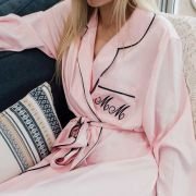 Embroidered Satin Long Sleeve Robe – Pink