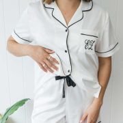Embroidered Satin Short Sleeve Pyjama Set – White