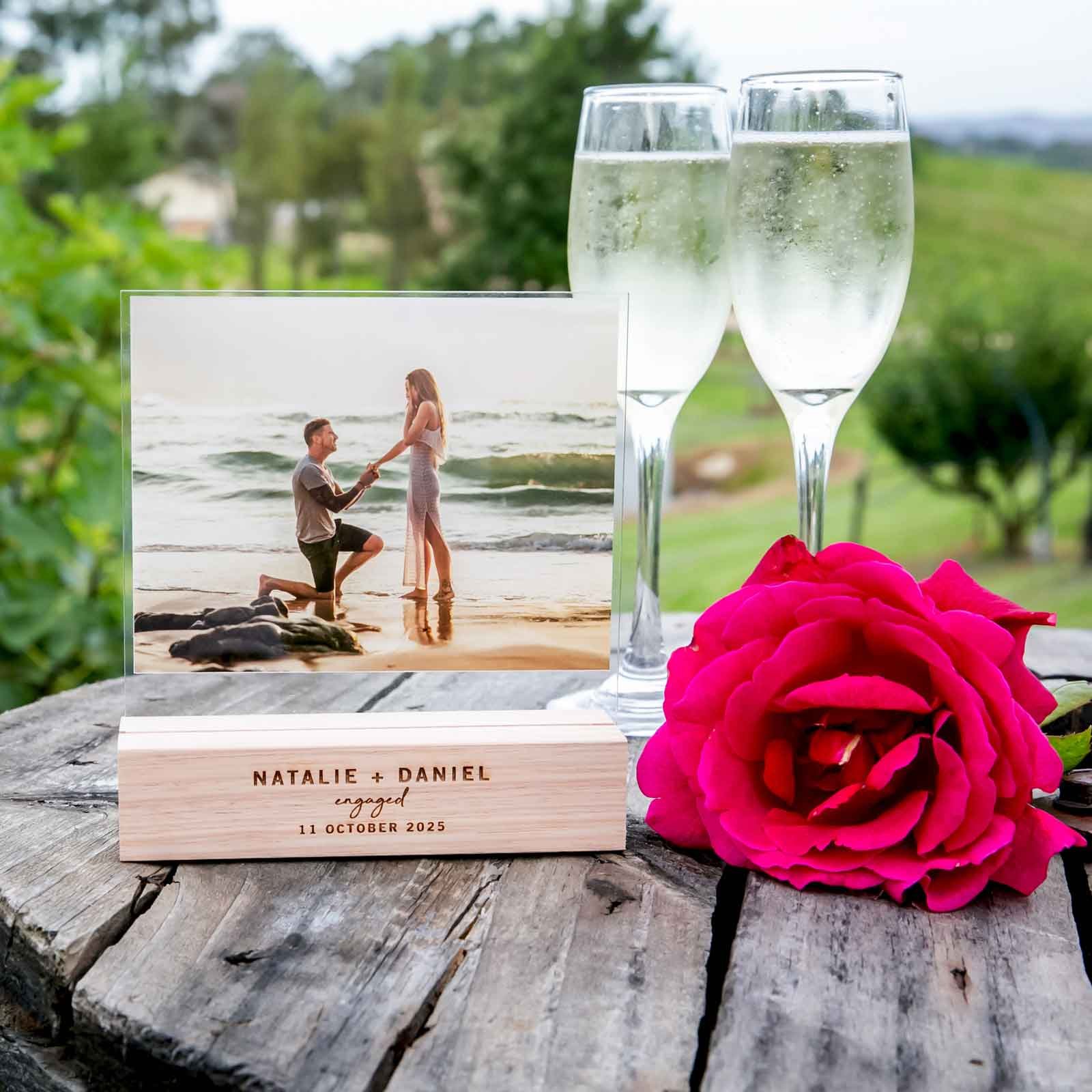 Engagement Acrylic Wedding Photo Print with Engraved Wooden Base