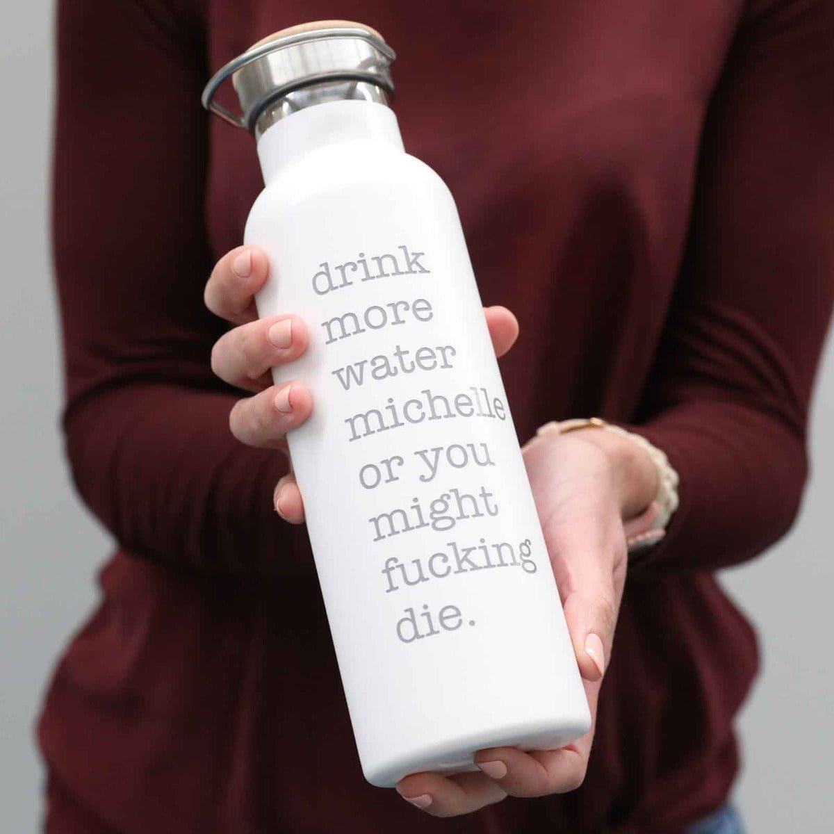 Drink More Water – Engraved Water Bottle with Wooden Lid
