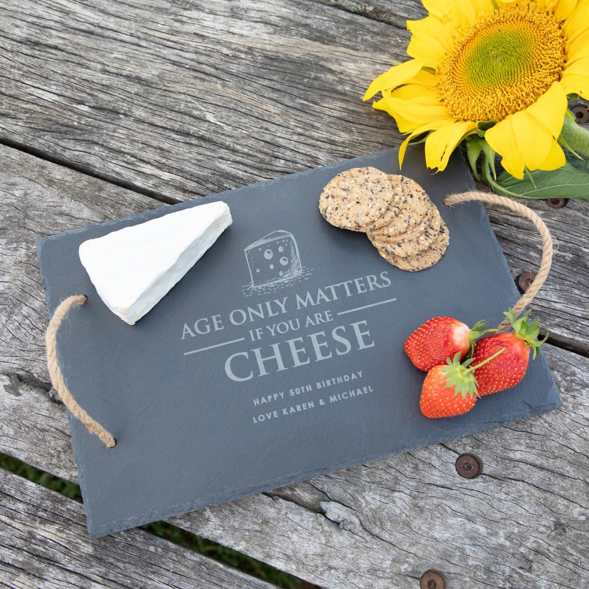 Engraved Rectangle Birthday Slate Cheese Board with Woven Cord Handles