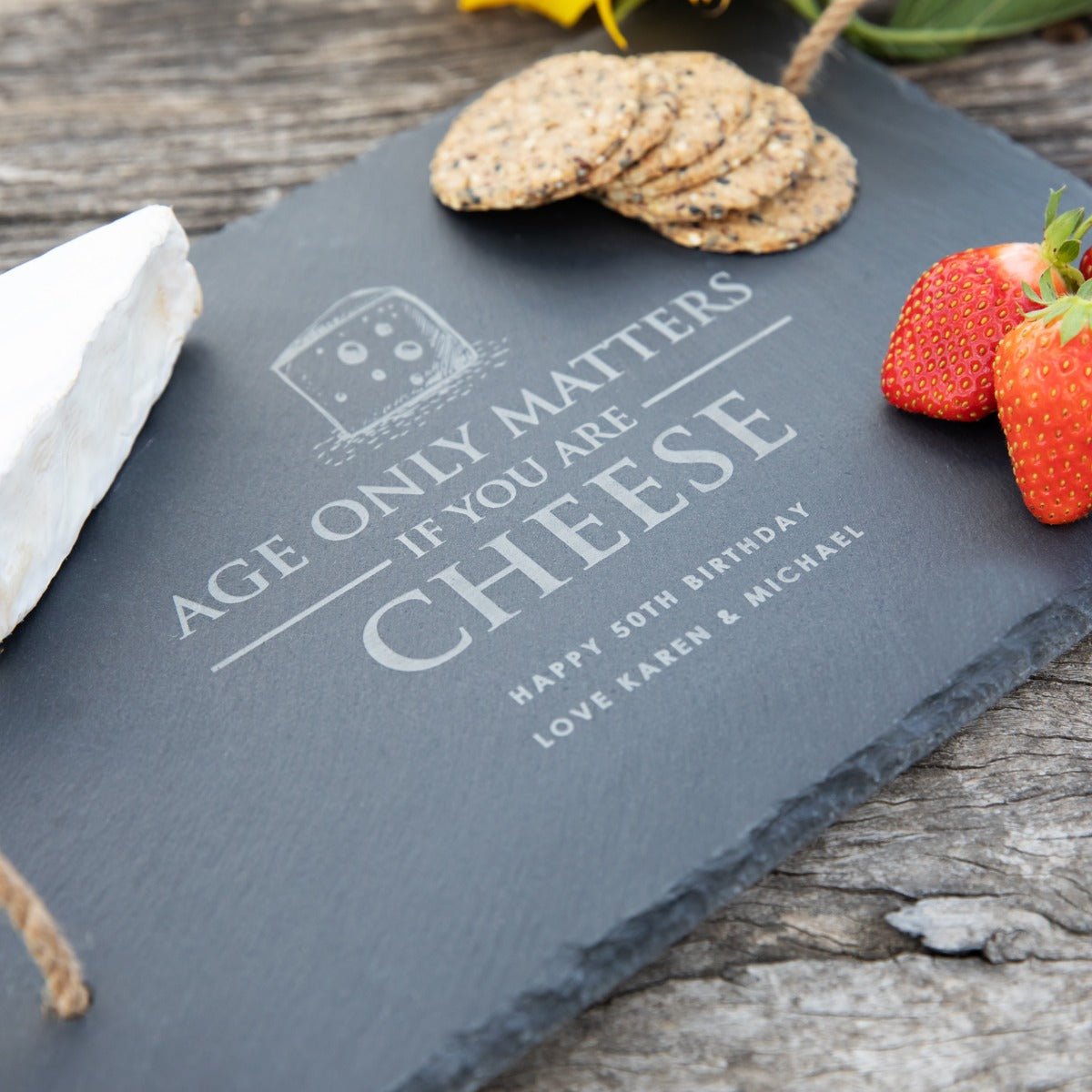Engraved Rectangle Birthday Slate Cheese Board with Woven Cord Handles