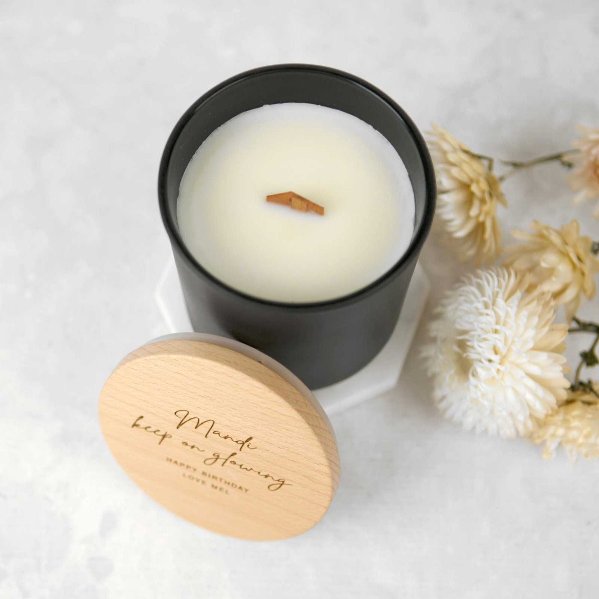 Engraved Birthday Black Wood Wick Soy Candle with Wooden Lid